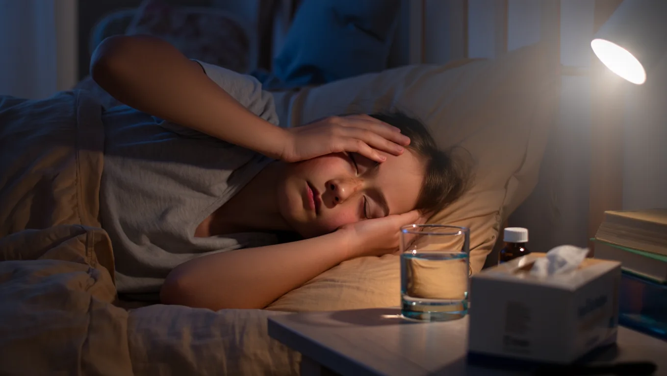 Женщина пытается уснуть с похмелья