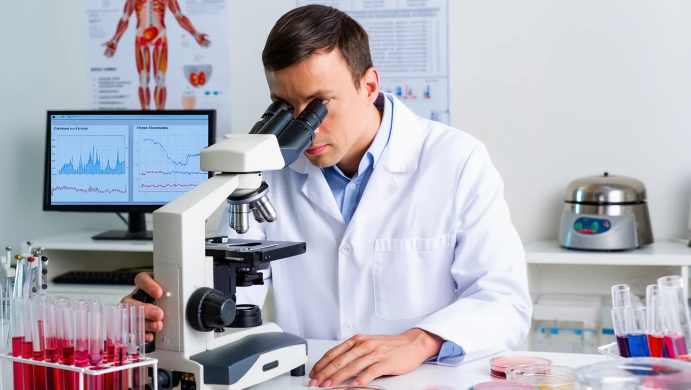 Специалист изучает анализы под микроскопом